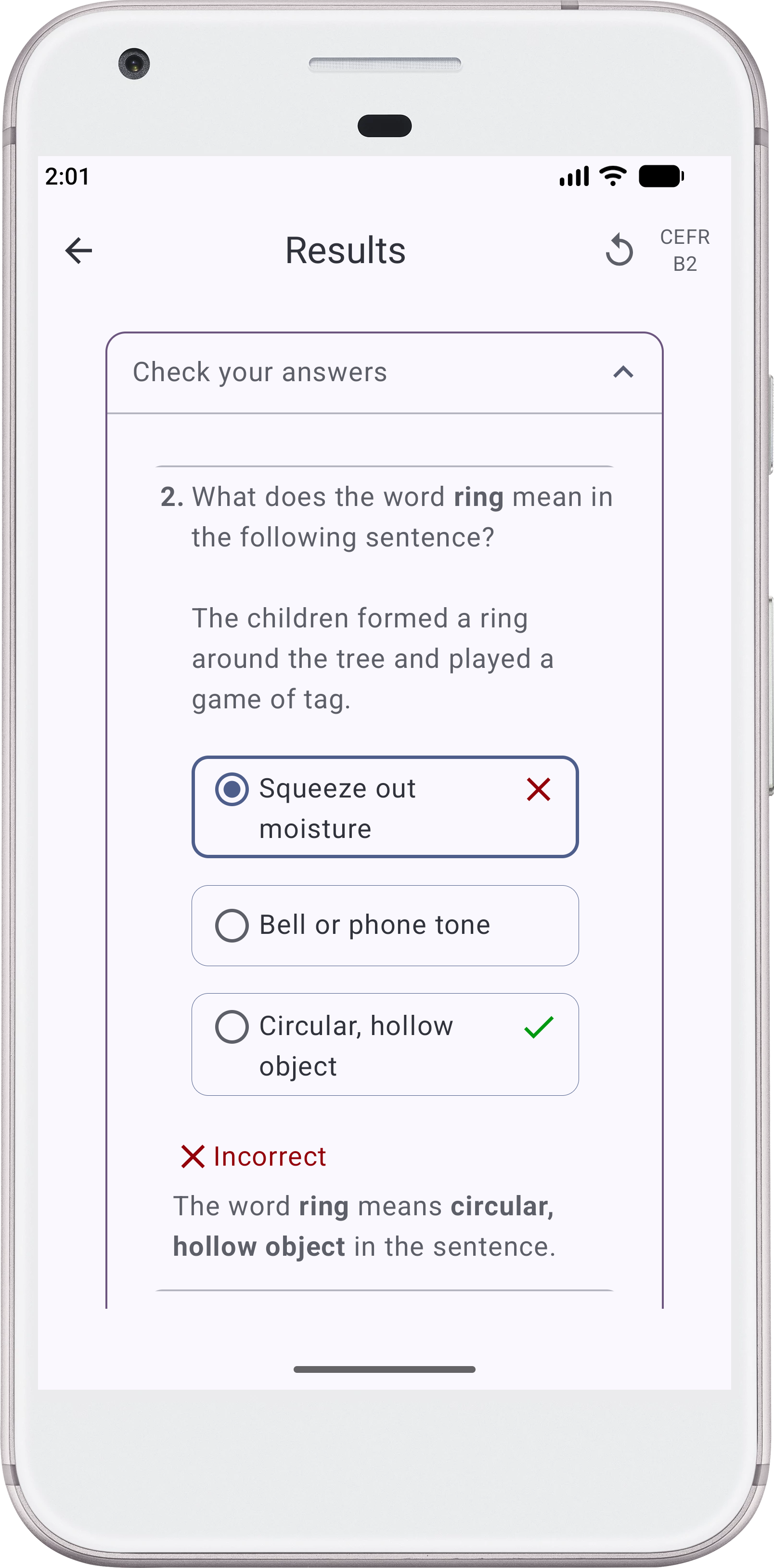 Screenshot of the Language-Turtle Android app showing a quiz result explanation