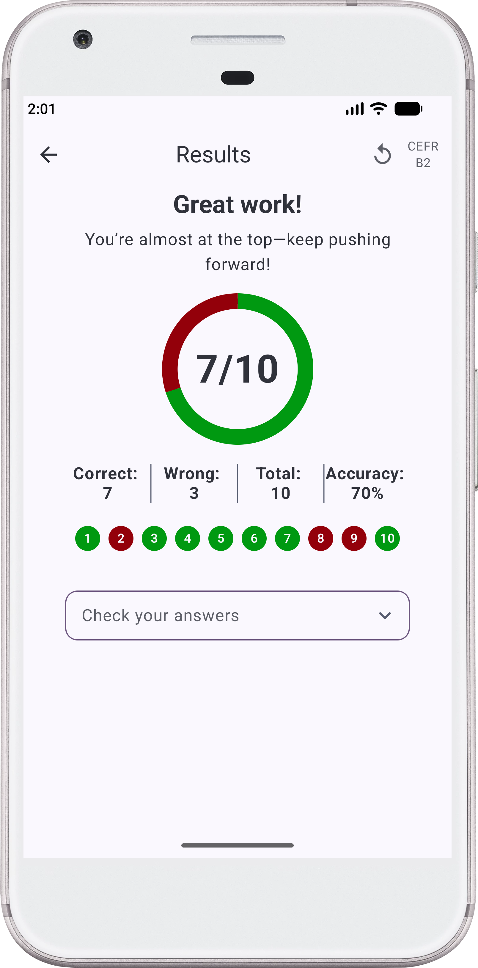 Screenshot of the Language-Turtle Android app showing a quiz result overview