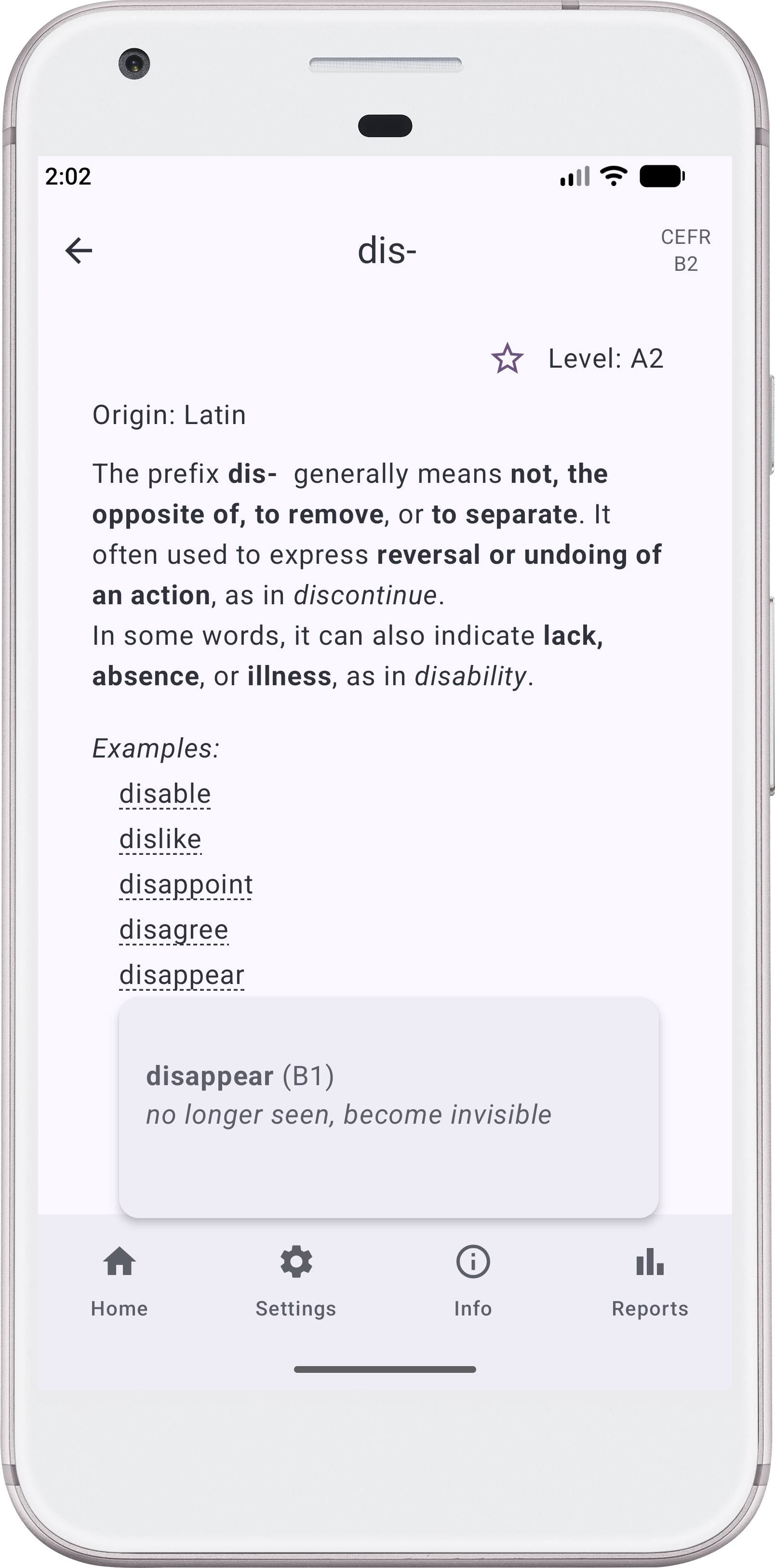 Screenshot of the Language-Turtle Android app showing a prefixes lesson